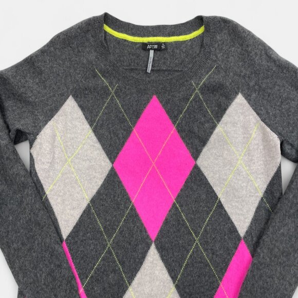 Apt.9 Women's XL Pink Gray Argyle Diamond Cashmere Long Sleeve X-Large - Picture 2 of 7
